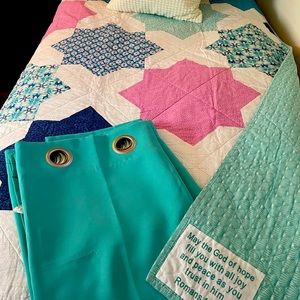 Reversible twin quilt w/ Scripture inscription. Unique, with two curtain panels